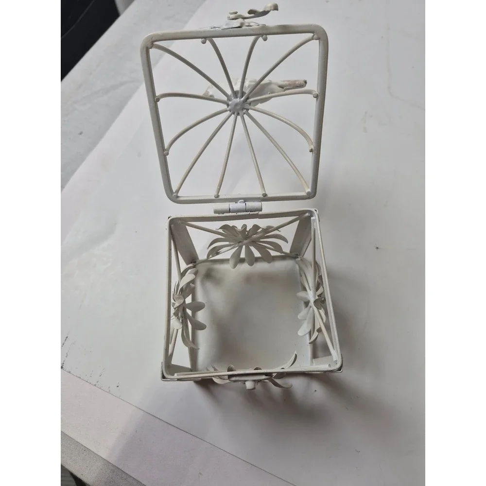 Vintage Shabby Chic White Metal Birdcage Lantern Floral Tea Light Holder 6.5in